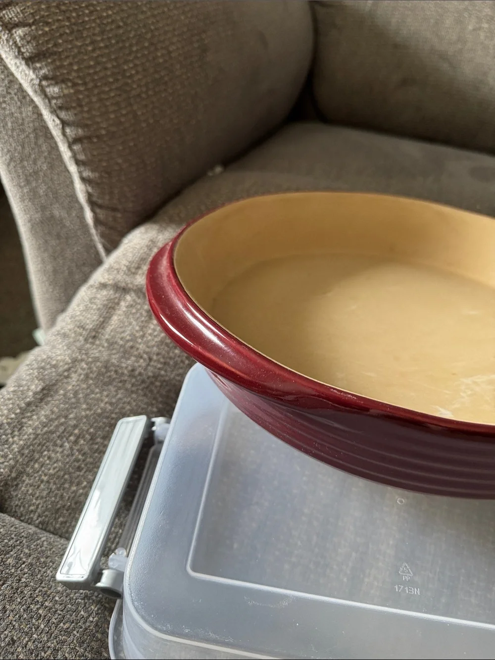 The Pampered Chef Round Ceramic Baker in Burgundy and Cream